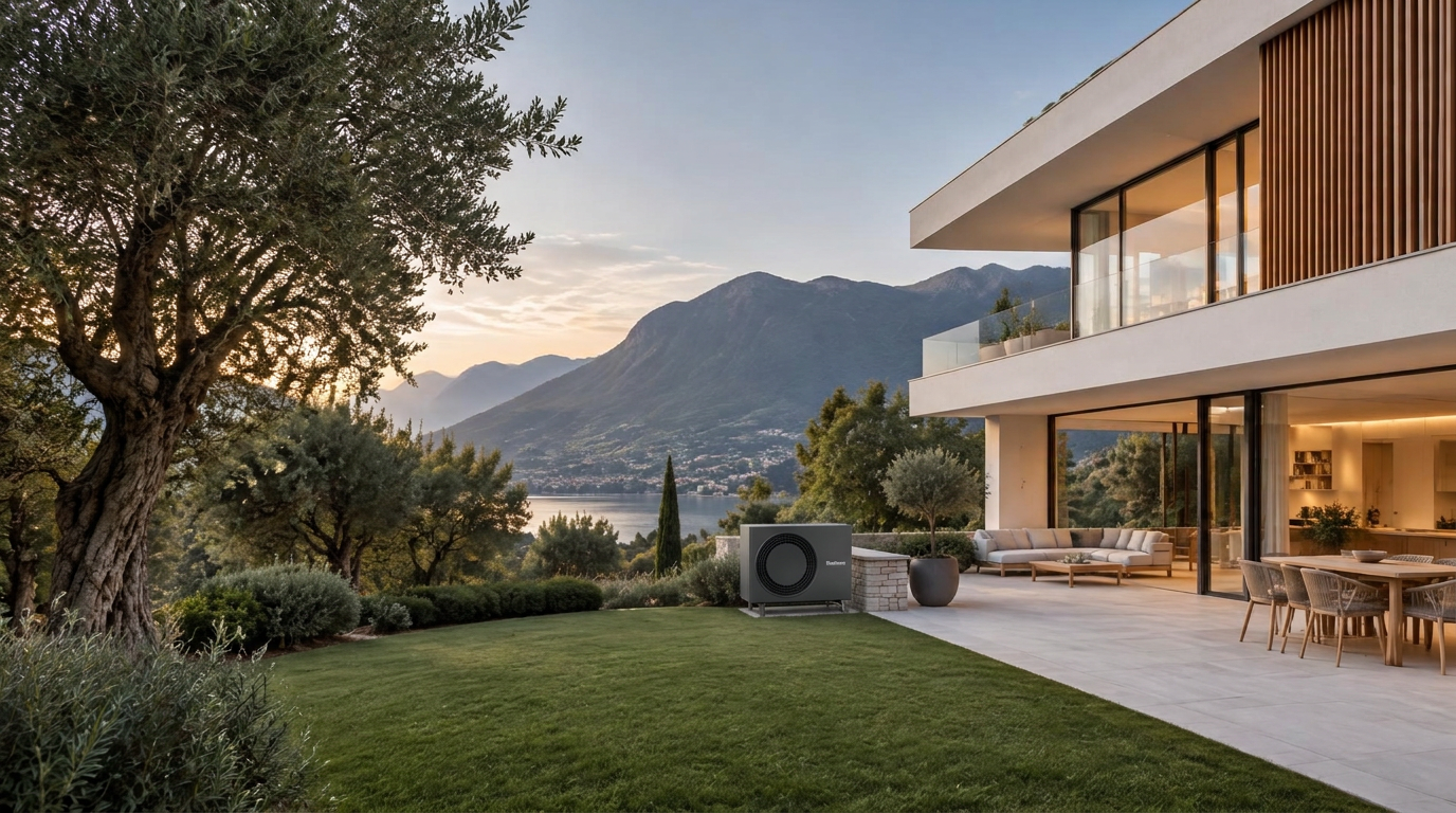 Villa contemporanea in Ticino con unità esterna Buderus vicino al muretto